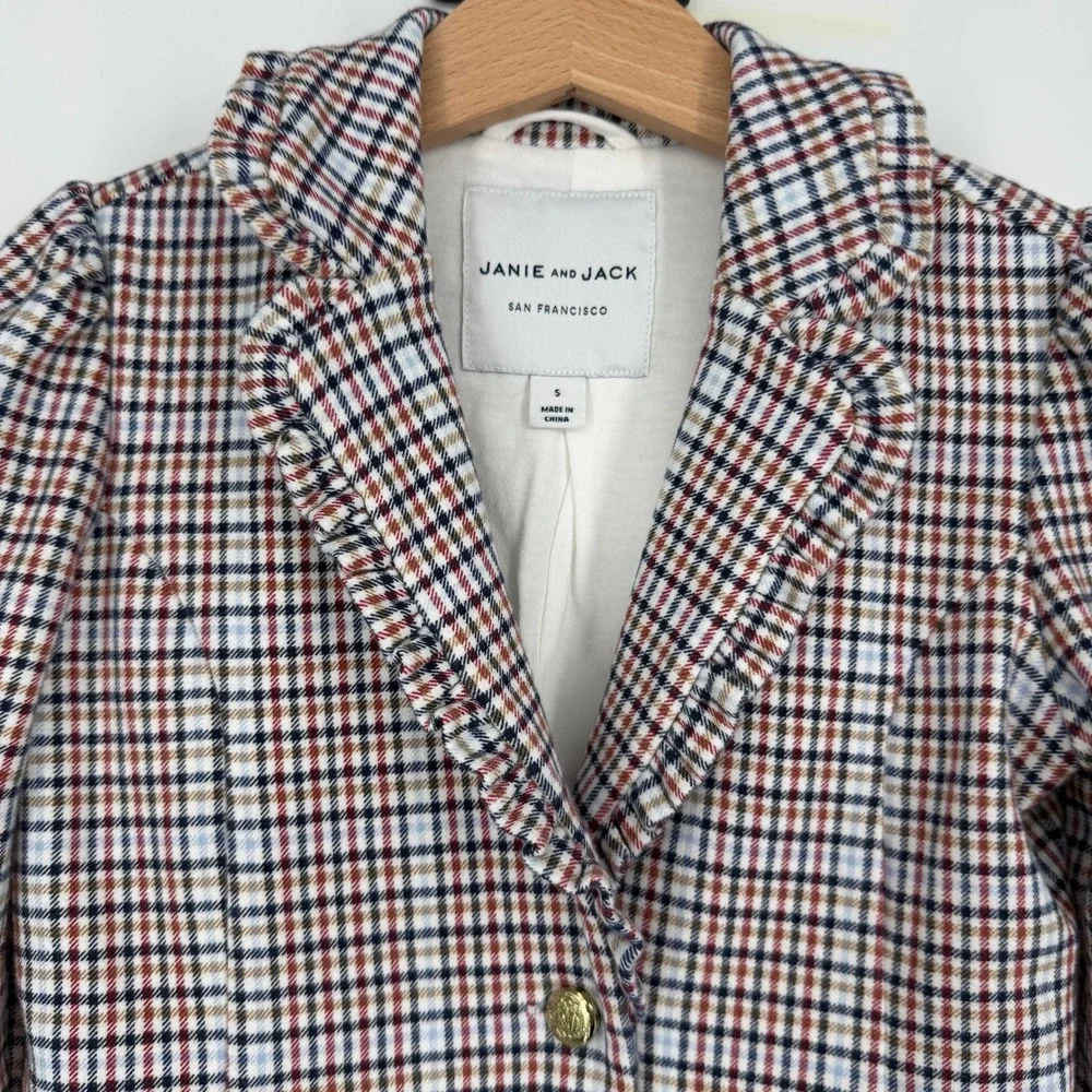 Janie and Jack Girl's Plaid Blazer Ruffled Collar‎ Sz 5 Equestrian